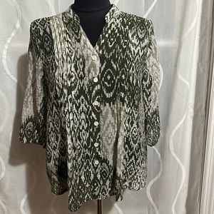 Ruby Rd. Olive Green & Beige Button Down Top With Roll Tab Sleeves, Size PM